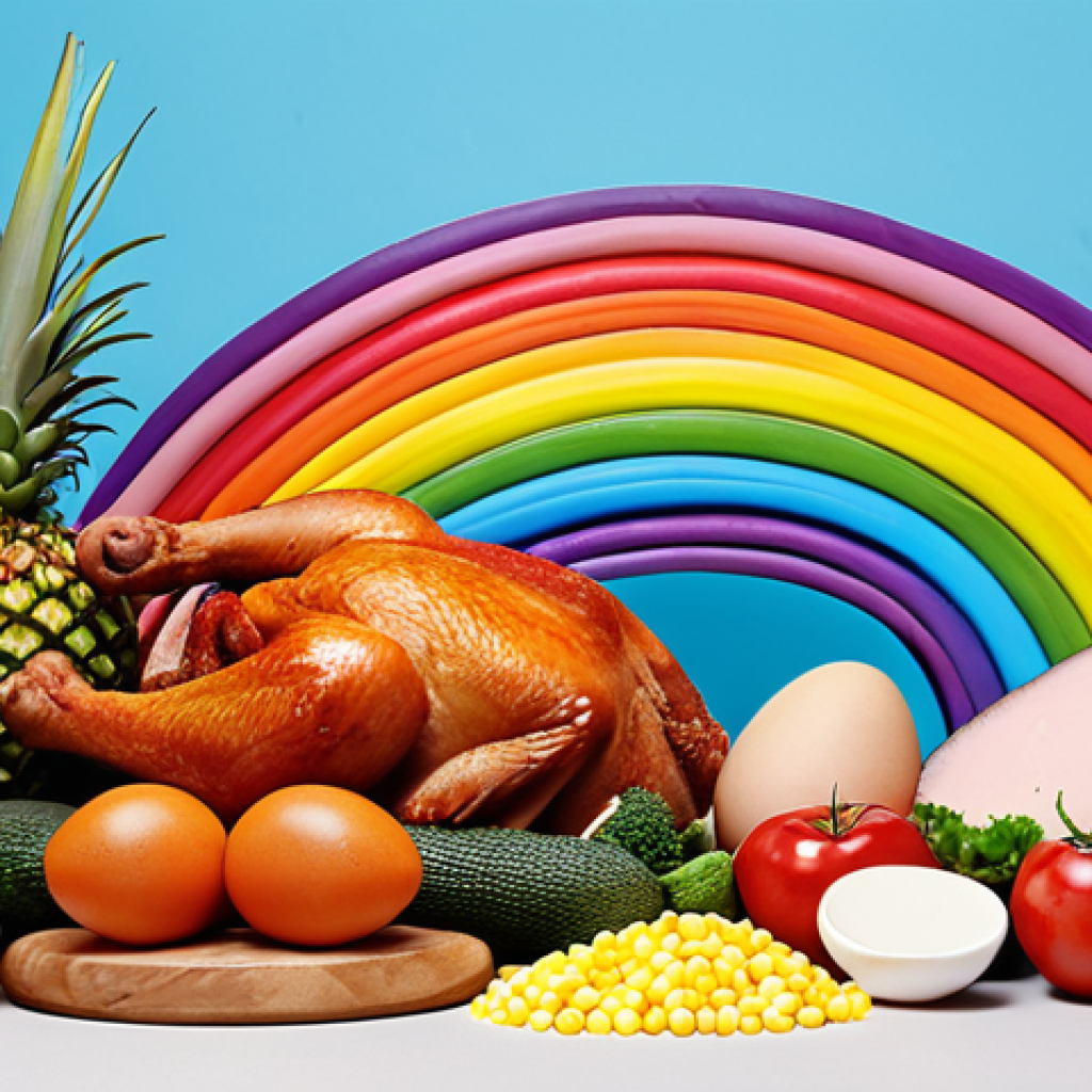 **

A vibrant and diverse "rainbow meal" showcasing various foods rich in Vitamin B. Include colorful vegetables, fruits, whole grains, meat (chicken or fish), eggs, and dairy products. The image should emphasize the natural sources of Vitamin B and a healthy lifestyle. Focus on fresh, whole ingredients.

**