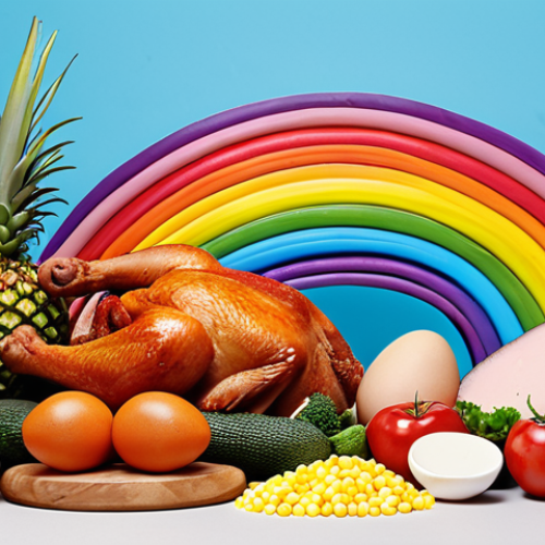 Home 4 **
A vibrant and diverse "rainbow meal" showcasing various foods rich in Vitamin B. Include colorful vegetables, fruits, whole grains, meat (chicken or fish), eggs, and dairy products. The image should emphasize the natural sources of Vitamin B and a healthy lifestyle. Focus on fresh, whole ingredients.
**