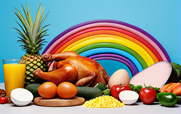 **

A vibrant and diverse "rainbow meal" showcasing various foods rich in Vitamin B. Include colorful vegetables, fruits, whole grains, meat (chicken or fish), eggs, and dairy products. The image should emphasize the natural sources of Vitamin B and a healthy lifestyle. Focus on fresh, whole ingredients.

**