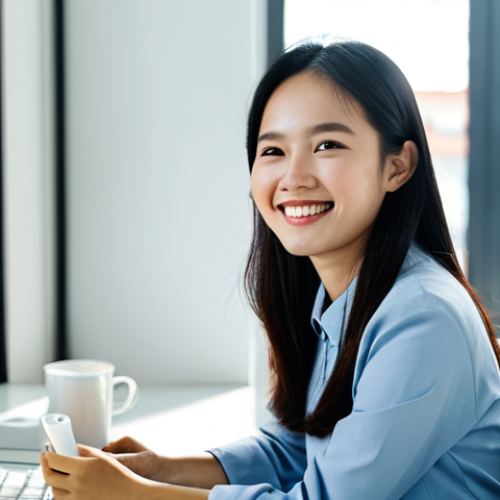 Home 17 **
A young, professional Vietnamese woman wearing a modest, stylish office outfit, sitting at a bright desk in a modern co-working space in Ho Chi Minh City. She is smiling slightly, holding a cup of cà phê sữa đá. Sunlight streams through the window. In the background are blurred figures of other professionals working. Focus on a sense of calm productivity. Safe for work, appropriate content, fully clothed, professional, perfect anatomy, natural pose, high quality, well-formed hands, proper finger count, natural body proportions.
**