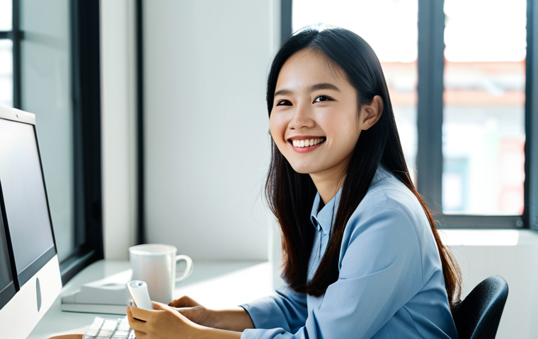 **

A young, professional Vietnamese woman wearing a modest, stylish office outfit, sitting at a bright desk in a modern co-working space in Ho Chi Minh City. She is smiling slightly, holding a cup of cà phê sữa đá. Sunlight streams through the window. In the background are blurred figures of other professionals working. Focus on a sense of calm productivity. Safe for work, appropriate content, fully clothed, professional, perfect anatomy, natural pose, high quality, well-formed hands, proper finger count, natural body proportions.

**