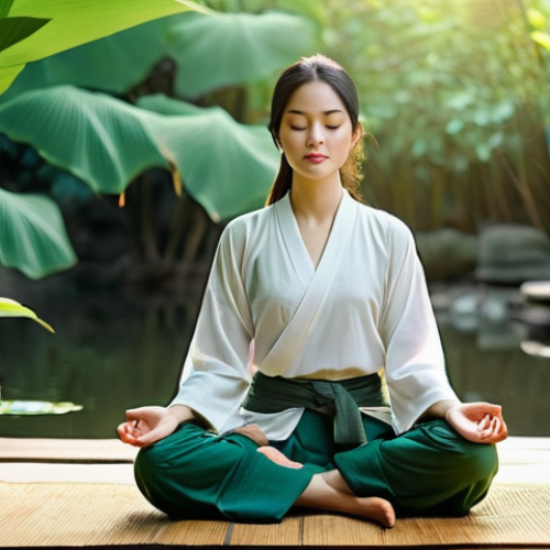 Home 6 스트레스 해소법 마음을 가라앉히는 방법 - **Serene Morning Meditation in a Vietnamese Garden:**
A young Vietnamese woman, with neatly tied...
