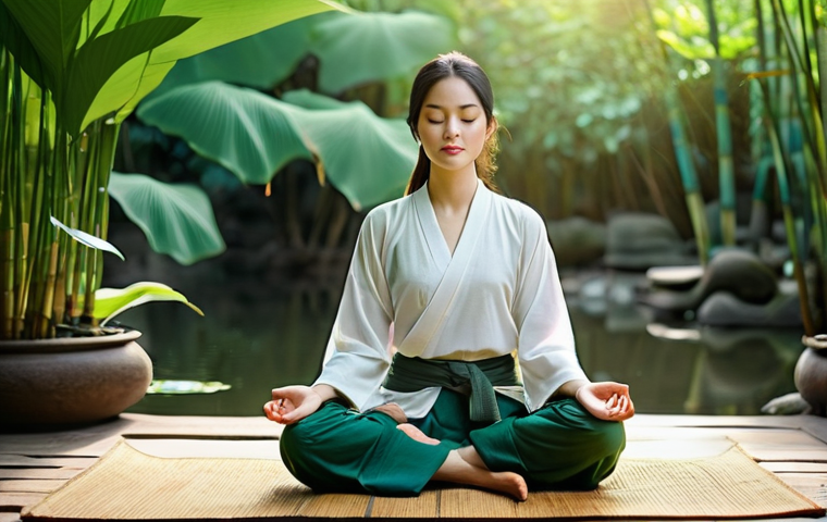 스트레스 해소법  마음을 가라앉히는 방법 - **Serene Morning Meditation in a Vietnamese Garden:**
    A young Vietnamese woman, with neatly tied...